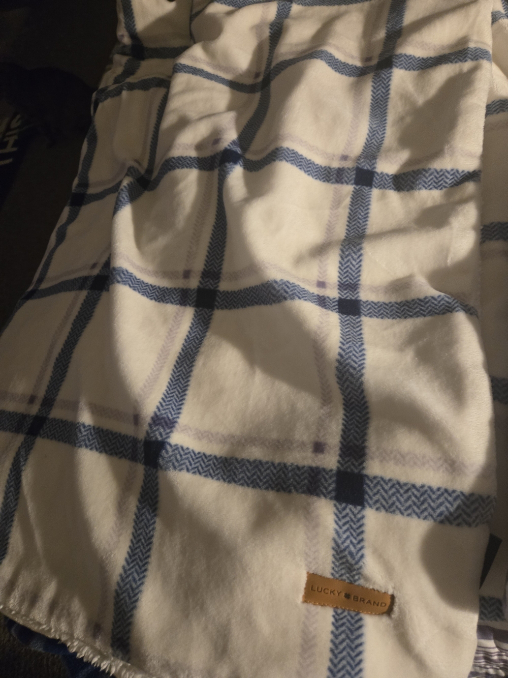 Lucky Brand Cream Throw with Blue Plaid